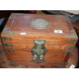 Chinese brass bound teak jewellery casket