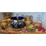Art Nouveau pottery jardiniere, Maling china bowl and other pottery and glass items