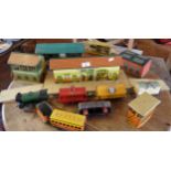 O gauge Hornby type 20 locomotive, 4 rolling stock, tinplate station with platforms, signal box