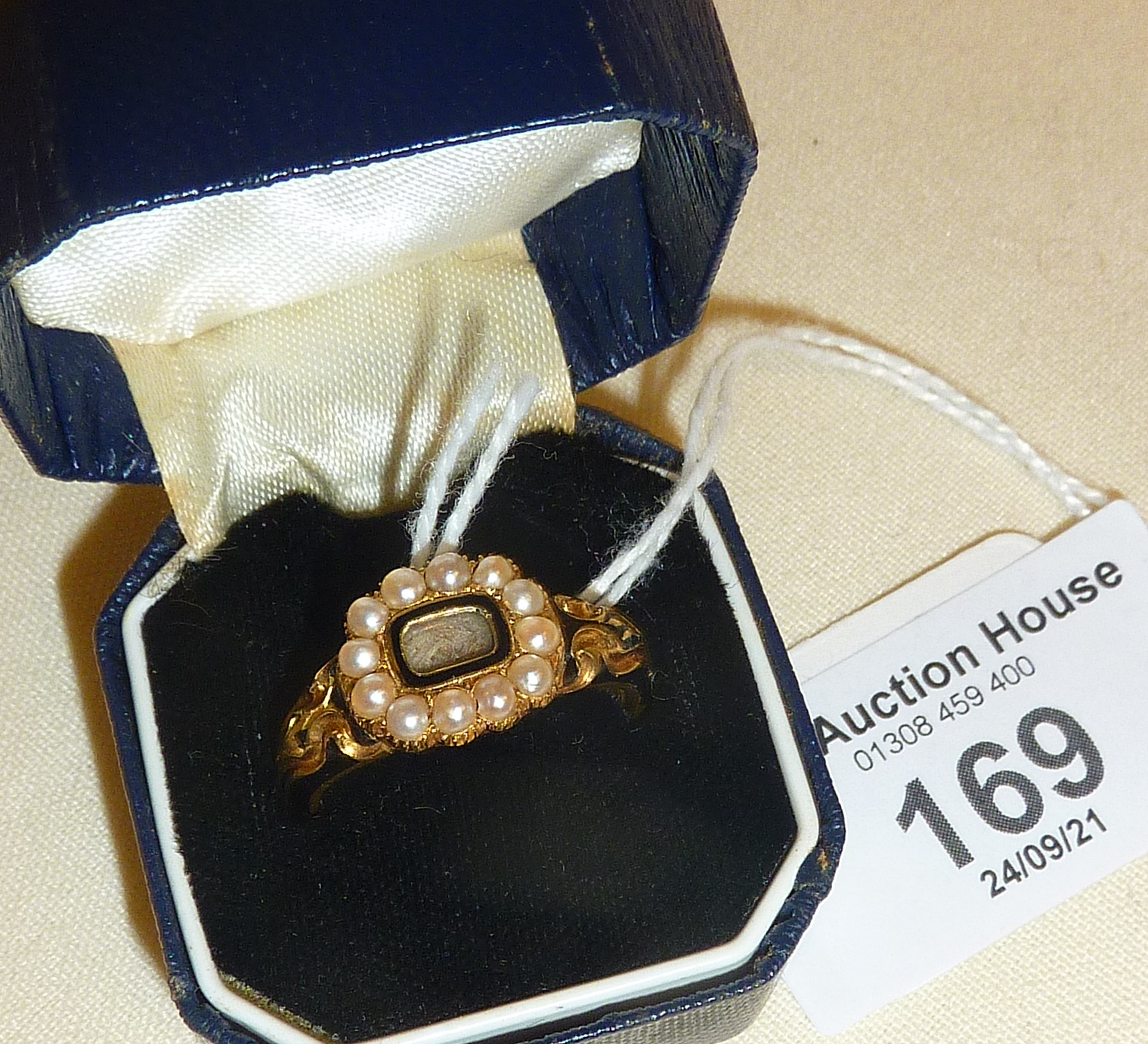 Antique 18ct gold and enamel mourning ring engraved as 1844 - with hairwork and seed pearl panel, - Image 2 of 2