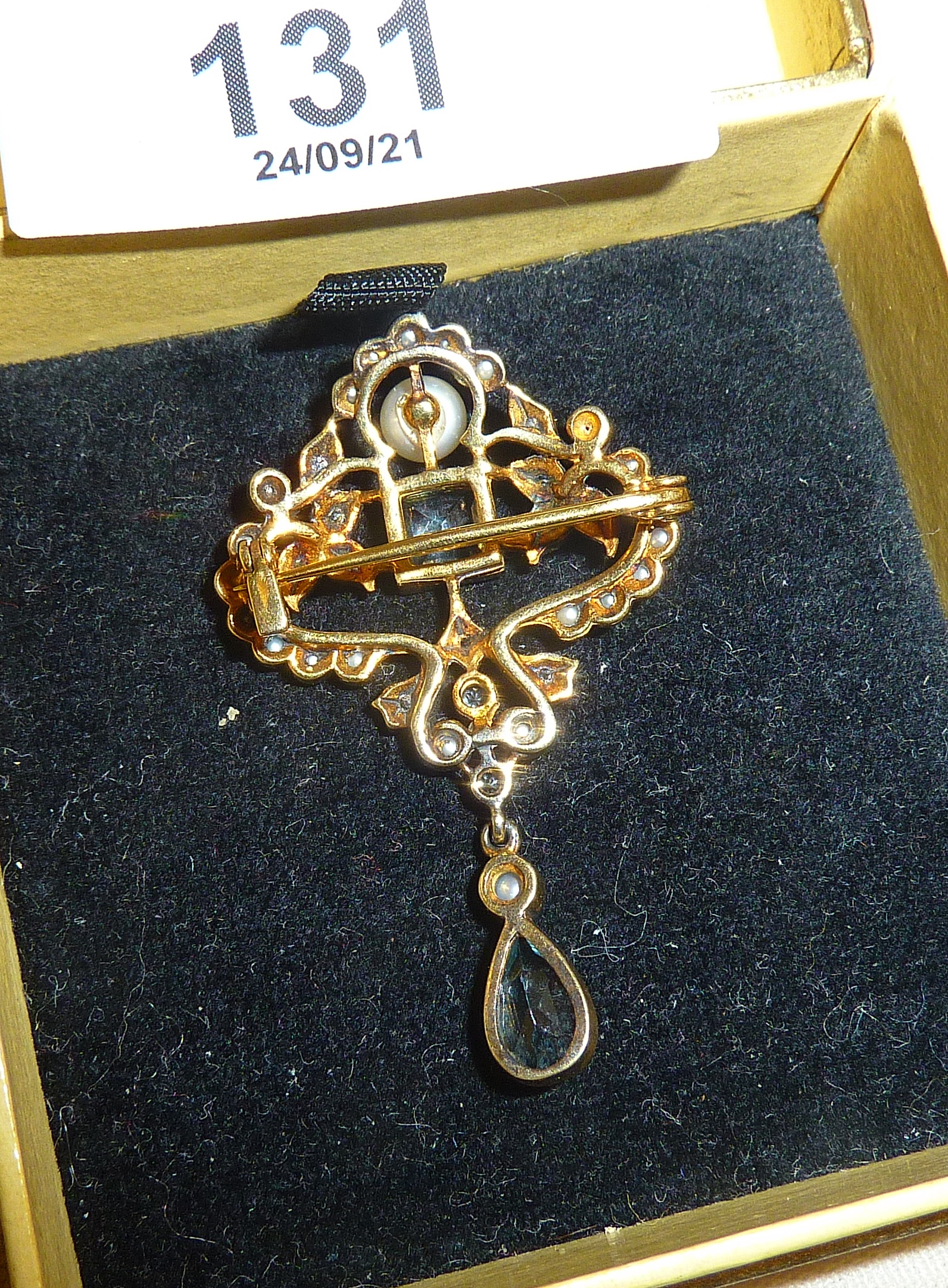 Gold brooch (untested), set with seed pearls, diamonds and an aquamarine drop - Image 2 of 2