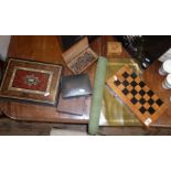 Contemporary chess set in box, five various boxes, assorted old keys and some polished copper