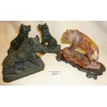 A pair of 19th c. Grand Tour carved serpentine dogs 4" tall (one A/F), a similar figure of a wild