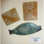 Engraved and carved green stone fish pendant together with two Chinese carved stone plaques