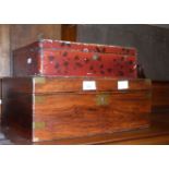 Victorian brass bound rosewood writing slope and a red lacquer box