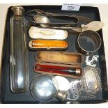 Box of collectables to include silver and gold. Inc. cased cheroot/cigar holders, decanter labels,