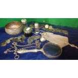 Foreign white metal necklaces, a fob chain, silver handled magnifying glass, silver pepperpot with