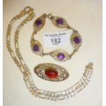 Sterling silver chain link necklace, amethyst and silver bracelet, and a silver brooch (missing