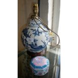 Modern Chinese blue and white table lamp and a dish with cover