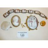 Fine Victorian cameo jewellery, inc. bracelet and brooches. Chinese mother of pearl gaming counter