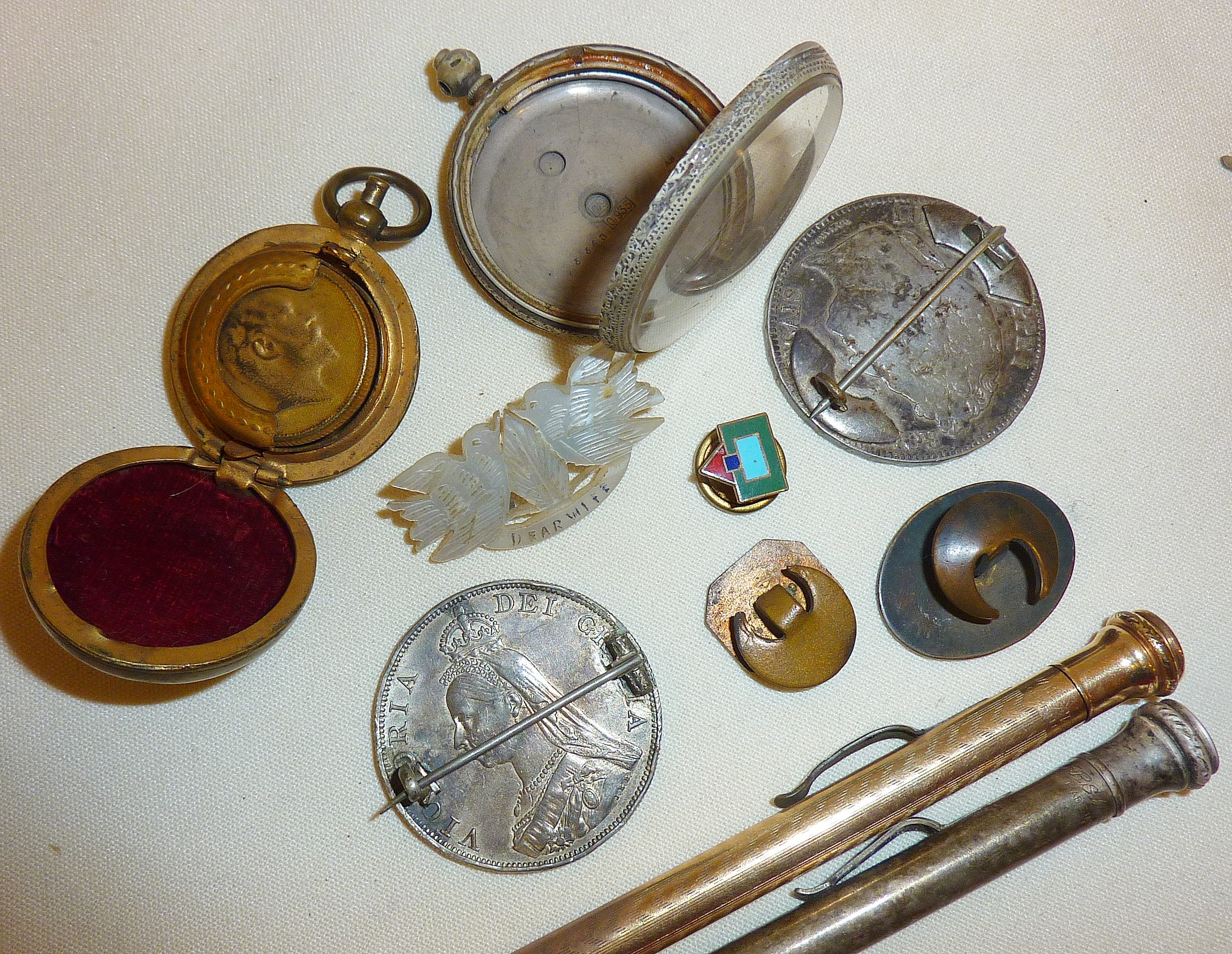 Assorted badges, some mounted silver coins, military cap badges, Eversharp pencils, etc. - Image 2 of 2