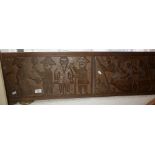 Tribal Art: Benin carved wood panel of figures of Africans & Europeans, 11" x 42"