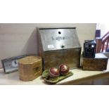 Tea caddy, inlaid offertory box, wooden letter box and two vintage cricket balls, etc.