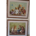 Five framed colour prints of teddy bears and dolls after Deborah Jones