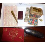 Old sewing needle cases, including embroidered and beadwork examples, leather spectacles case,