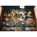 Vintage costume jewellery in box, inc. dress clips, earrings, necklaces, etc.