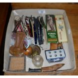 Assorted pens, pencils, drawing instruments and Delft pen stand etc.