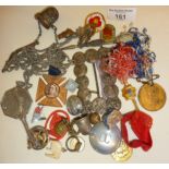 Box of badges, medals, fobs, guard chain, etc.