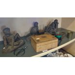 Four bronzed resin figurines, a brass inlaid walnut cigarette box and other items