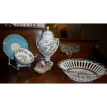 Aynsley china cup and saucer, a similar lidded vase, a quartz geode and two other items