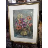 Expressionistic still life watercolour of flowers, 21" x 17" inc. frame, signed L. Buck
