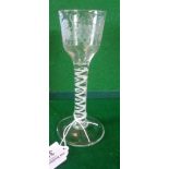18th c. engraved wine glass with drawn trumpet bowl decorated with fruiting vine on a double