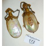 Two 19th c. mother-of-pearl and ormulu scent or holy water flasks - most likely French