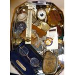 Tin of collectables, inc. Serpentine mounted desk thermometer, powder compacts, carved stone