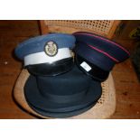 Vintage RAF peaked cap, another and two Homburg hats