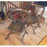 Pair of Edwardian walnut X-frame scroll arm elbow chairs