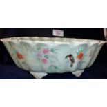 Fine Chinese celadon famille rose bird bowl