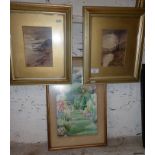 Two gilt-framed watercolours, and a watercolour of a garden border