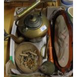 Brass kettle, tray and bowl of shrapnel and bullet cases, etc.
