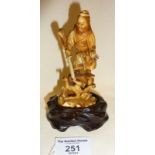 19th c. Japanese carved ivory figure of a warrior and a devil figure on stand, 3" tall, signed