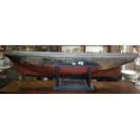 Victorian carved wood model of the hull of a sailing ship with lead keel, 42" long