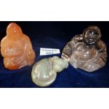 Chinese carved rock crystal buddha, 6cm high, another and a jade dog