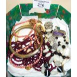 Box of assorted vintage and older costume jewellery to include banded agate necklace, coral