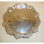 Sterling silver footed card tray with scalloped rim, engraved with heraldic lion and hallmarked