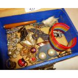 Blue jewellery box containing vintage costume jewellery, amber cheroot holder, etc.