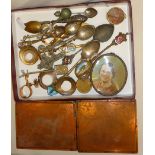 Enamelled spoons and other cutlery, photo frame, etc. Together with two copper printing plates