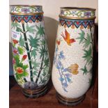 Pair of large Japanese Cloisonné vases with bamboo and bird decoration on white ground with wood
