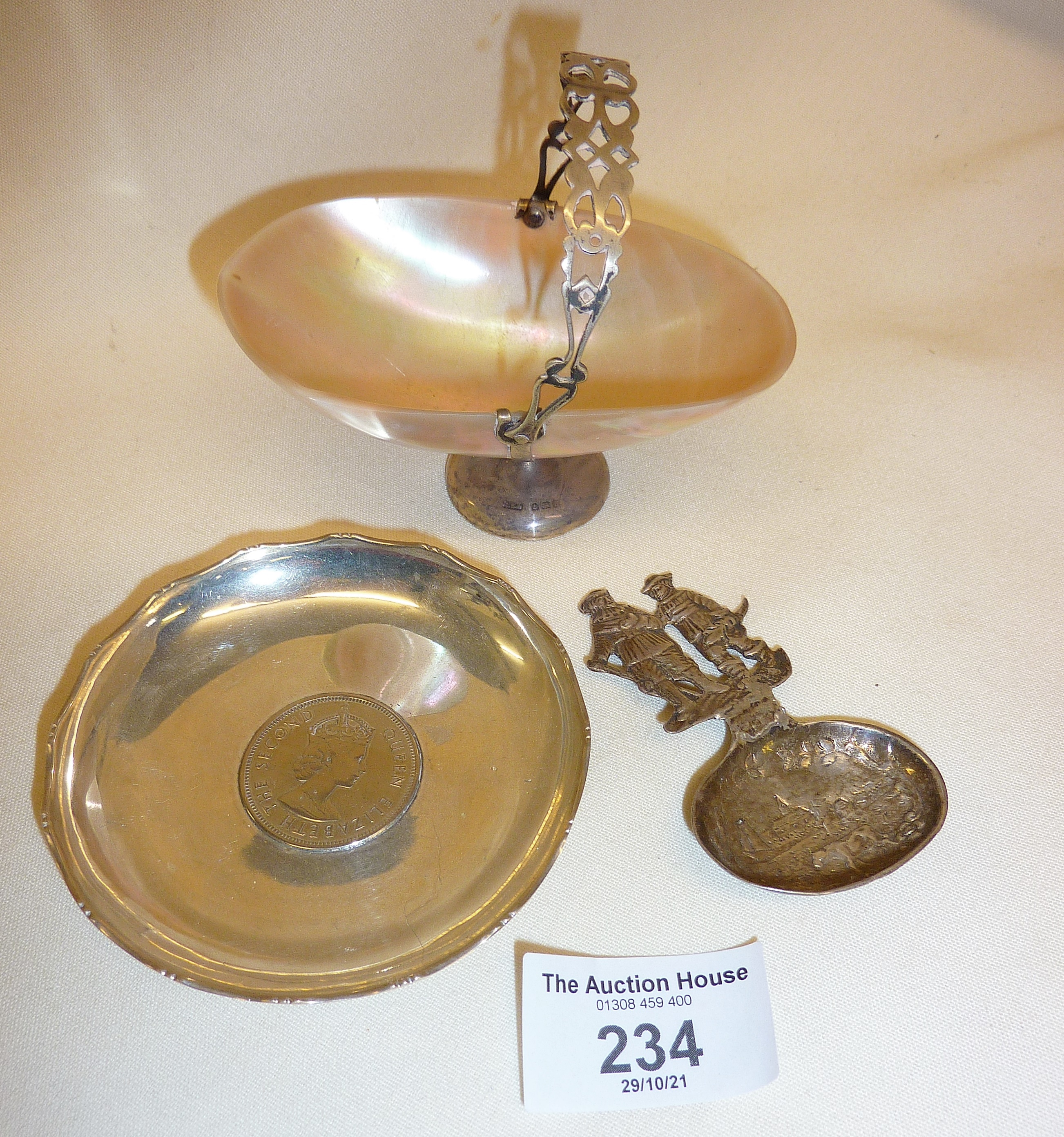 1907 silver and mother-of-pearl salt dish with pierced handle. Hong Kong Sterling silver coin