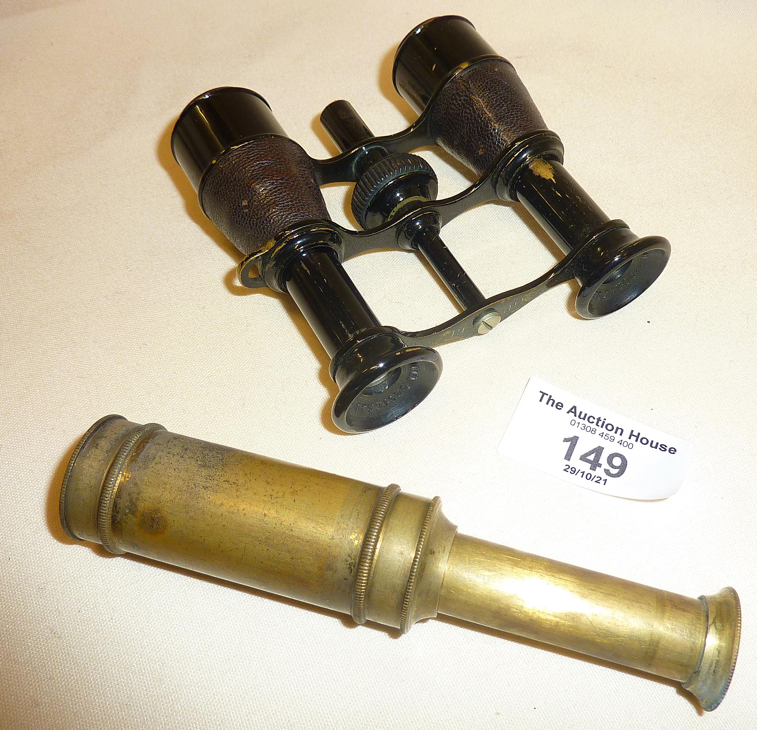 Dorey Lester & Co. small binoculars with integral compass, and a small brass 2-drawer telescope