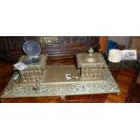 Victorian brass inkstand with pen holder (needs repair), miniature Spanish chest and carved napkin