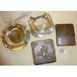Two hallmarked Sterling silver ashtrays, and two solid silver cigarette cases (one Siam silver) with