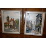 Pair of small oils on board of continental town scenes, signed W. Finney