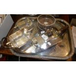 Two silver-plated wine coasters, Art Deco teapot and trays