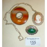 Sterling silver brooches, inc. banded agate disc (fine crack) and cameo necklace