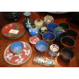 Collection of miniature Chinese Cloisonné vase, bowls, boxes and napkin rings