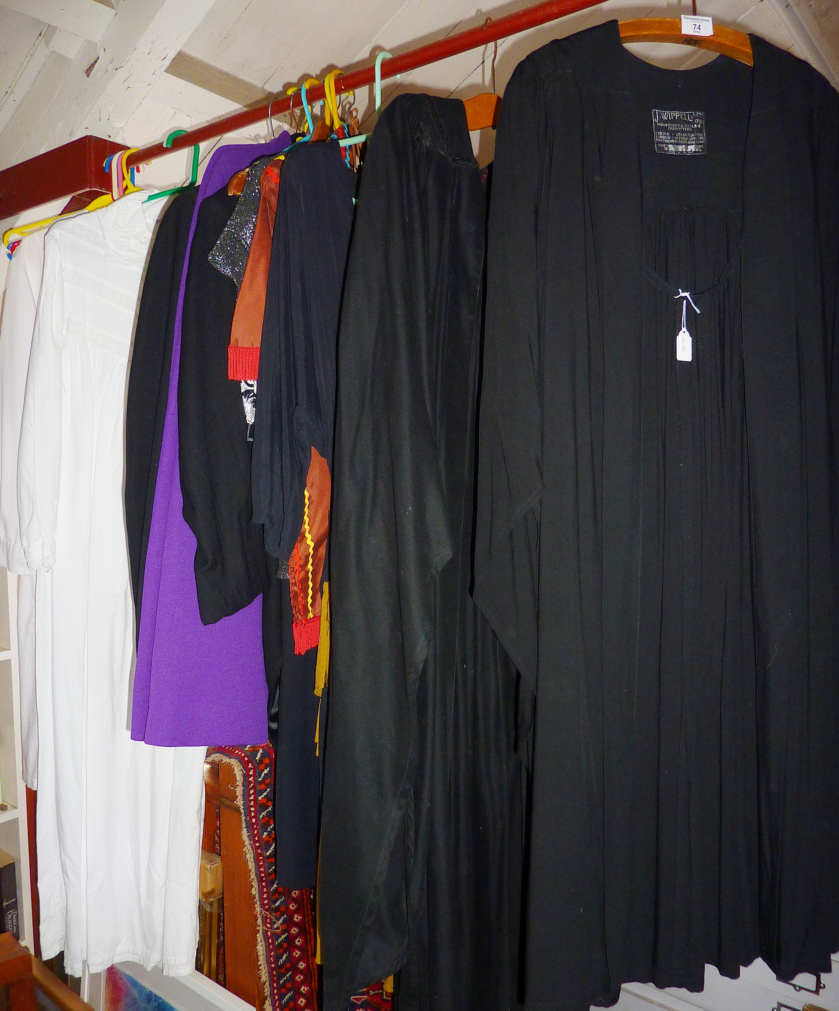 Vintage clothing: College or university robes, 1970's/80's dresses, 1960's purple cape, naval blazer